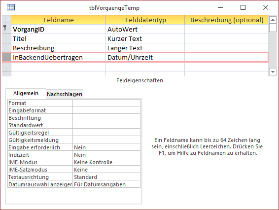 Neues Feld in der Tabelle tblVorgaengeTemp