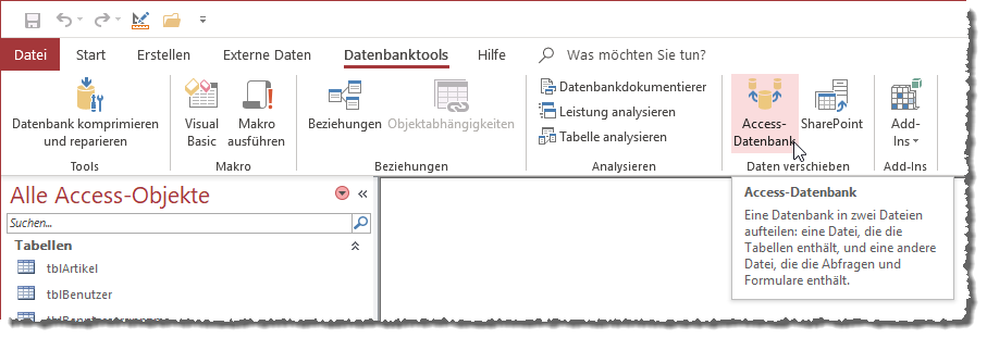 Aufruf des Befehls zum Aufteilen einer Datenbank