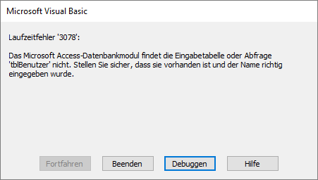 Fehlermeldung beim Versuch, auf die Tabelle tblBenutzer zuzugreifen