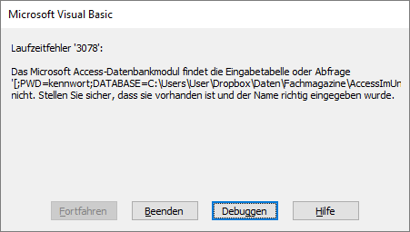 Fehler beim Versuch, das Kennwort in die DLookup-Abfrage zu integrieren