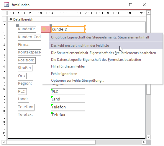 Meldung bei Steuerelementen mit fehlerhaftem Steuerelementinhalt