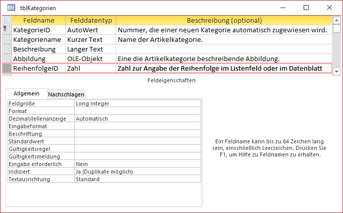 Entwurf der Tabelle tblKategorien