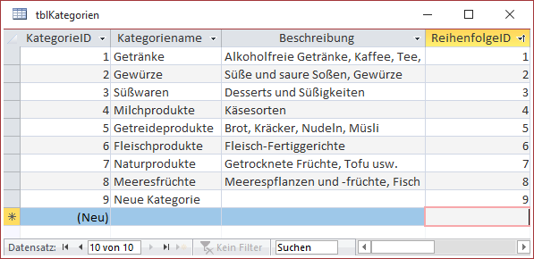 Die Tabelle tblKategorien mit Werten im Feld ReihenfolgeID