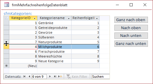 Anklicken des Bereichs zwischen zwei Datensätzen