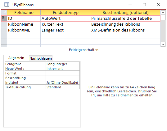 Entwurf der Tabelle USysRibbons