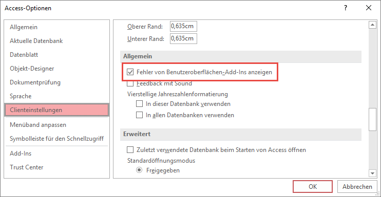 Ribbon-Option zum Anzeigen von Ribbon-Fehlern