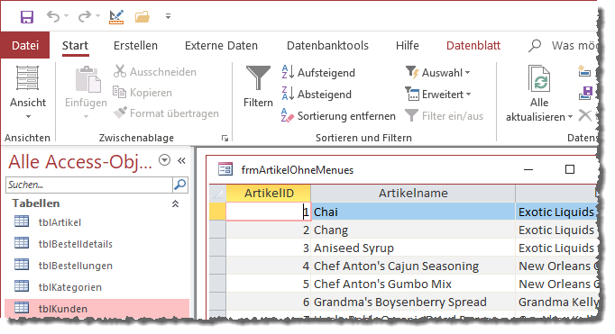 Befehle zum Sortieren und Filtern im Ribbon