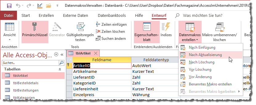 Datenmakros über die Entwurfsansicht verwalten