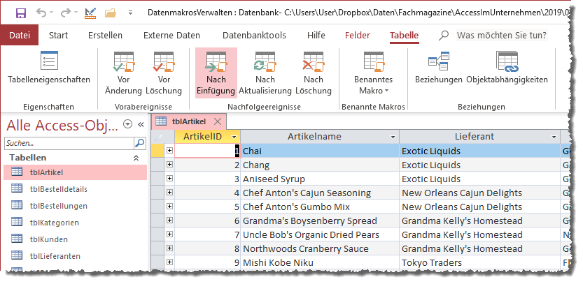 Datenmakros über die Datenblattansicht verwalten