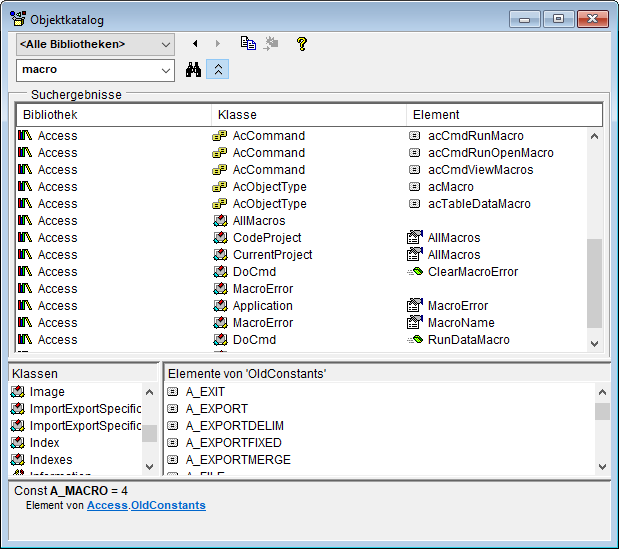 Befehle, welche die Zeichenkette Macro enthalten