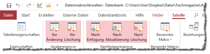 Die Einträge für die Datenmakros im Ribbon