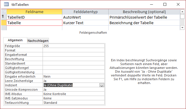 Tabelle zum Speichern der Tabellennamen