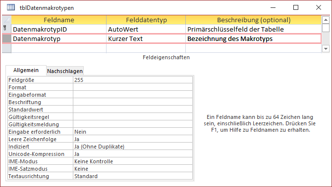 Tabelle zum Speichern der Datenmakrotypen