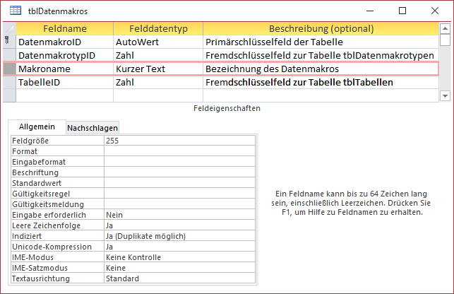 Tabelle zum Speichern der Datenmakro-Eigenschaften
