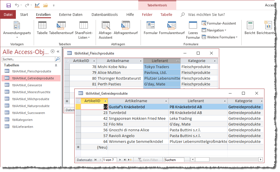Beispielmaterial: sieben Tabellen mit Artikeln unterschiedlicher Kategorien