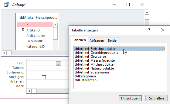 Hinzufügen einer Tabelle zum Abfrageentwurf