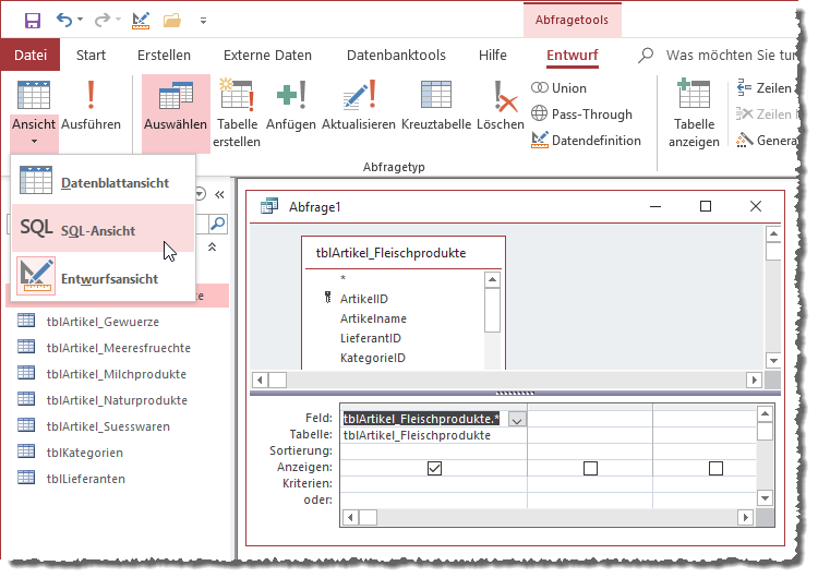 Wechsel zur SQL-Ansicht einer Abfrage
