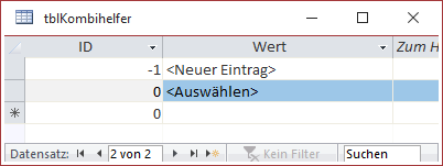 Datenblattansicht der Hilfstabelle tblKombihelfer