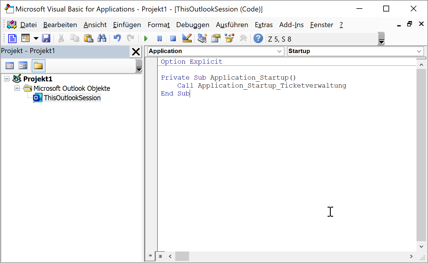 Anlegen der Prozedur, die beim Start von Outlook ausgelöst wird