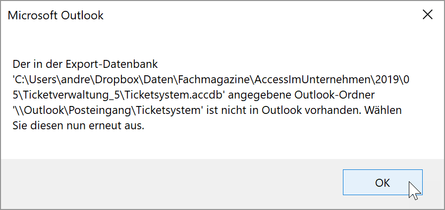Es fehlt ein Ordner, der vom Ticketsystem getrackt werden soll.