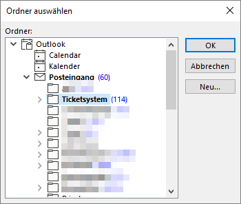 Auswahl des zu trackenden Outlook-Ordners