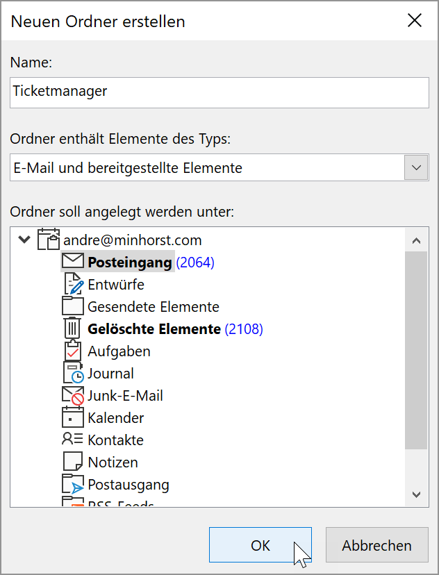 Anlegen eines neuen Ordners in Outlook