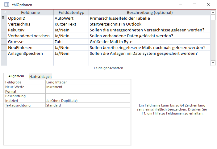 Entwurf der Tabelle tblOptionen