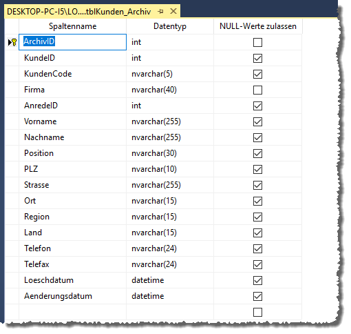 Entwurf der neuen Archivtabelle