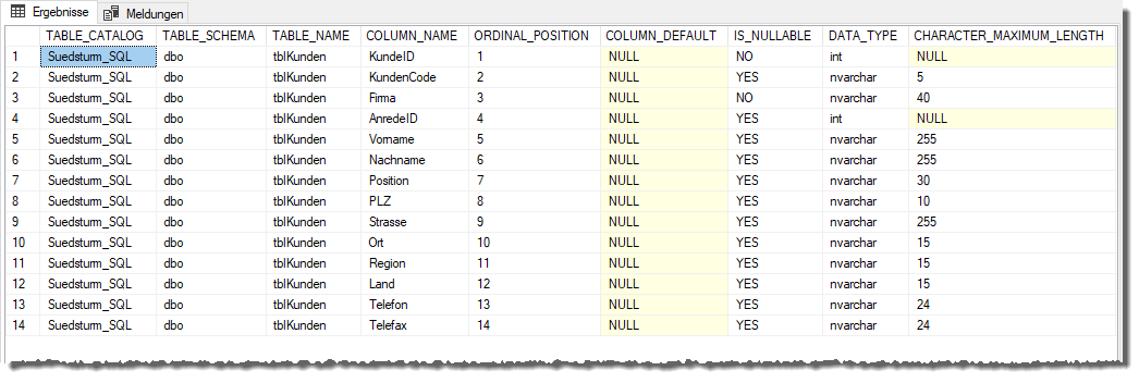 Ausgabe der Abfrage der Eigenschaften der Felder einer Tabelle