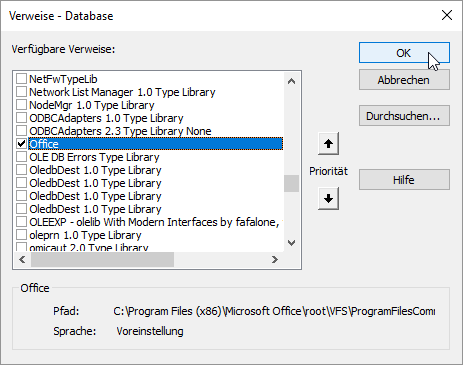 Hinzufügen des Verweises auf die Office-Bibliothek