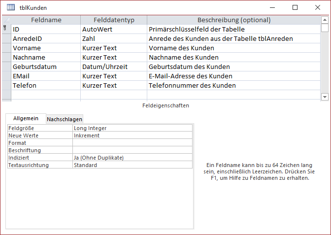 Entwurf der Tabelle tblKunden