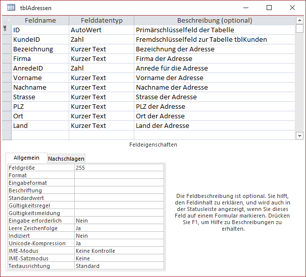Entwurf der Tabelle tblAdresse