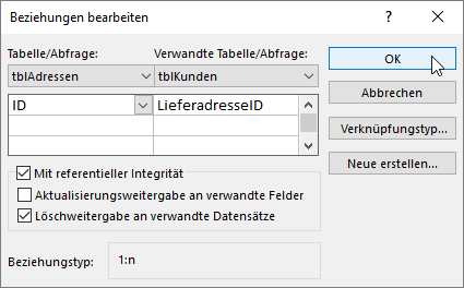 Beziehung zwischen den Tabellen tblKunden und tblAdressen