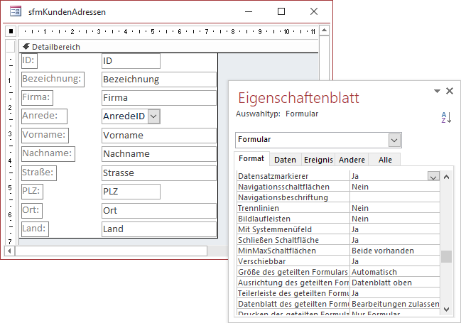 Das Unterformular zur Anzeige der Adressen in der Entwurfsansicht