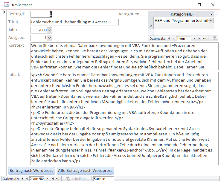 Formular mit den Beiträgen und den Schaltflächen zum Übertragen nach WordPress