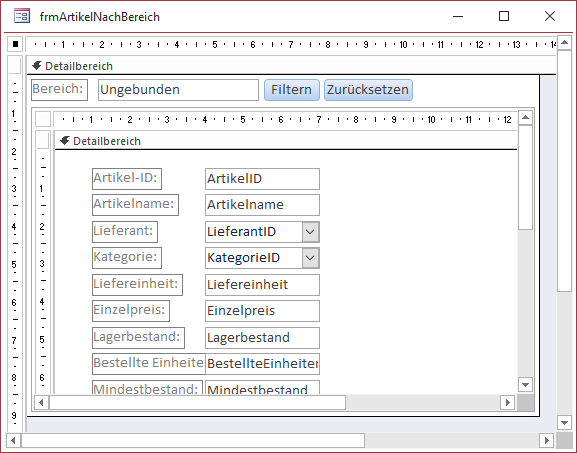 Entwurf des Formulars zum Filtern nach Zahlenbereichen