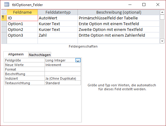 Optionstabelle mit je einem Feld pro Option
