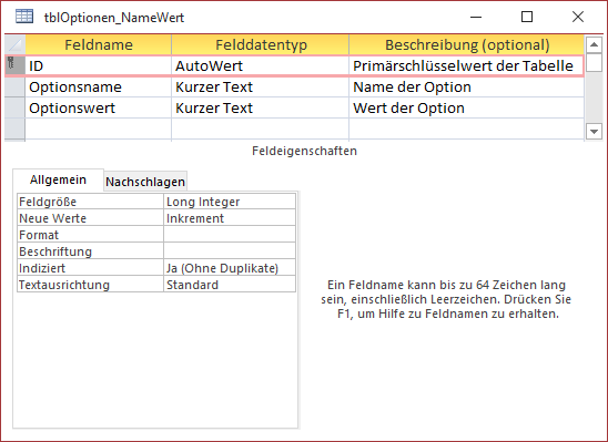 Optionstabelle mit einer Option je Datensatz