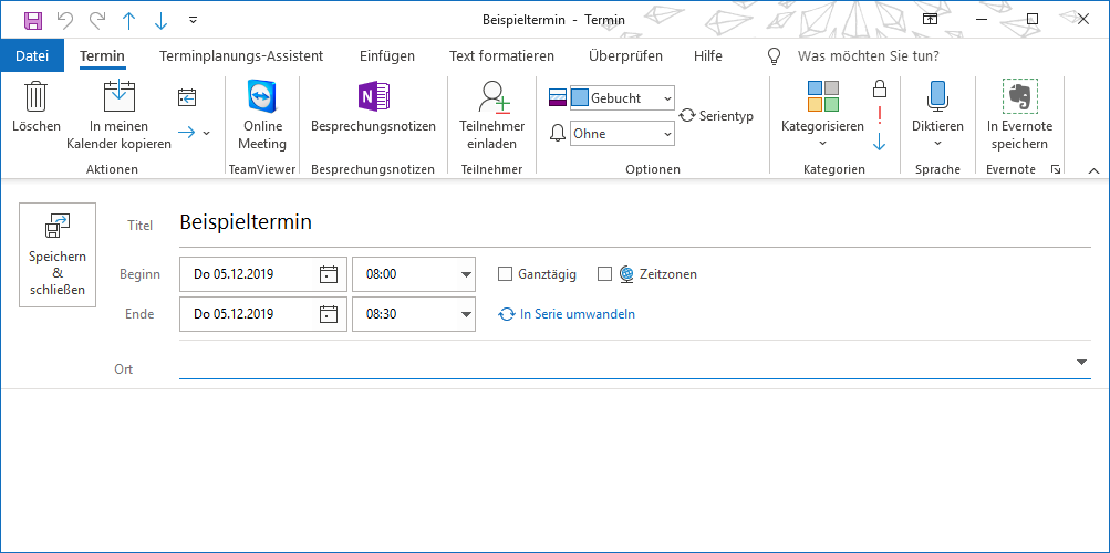 Ein Outlook-Termin mit den Standard-Steuerelementen