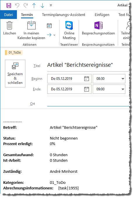 Aus einer Aufgabe erstellter Termin