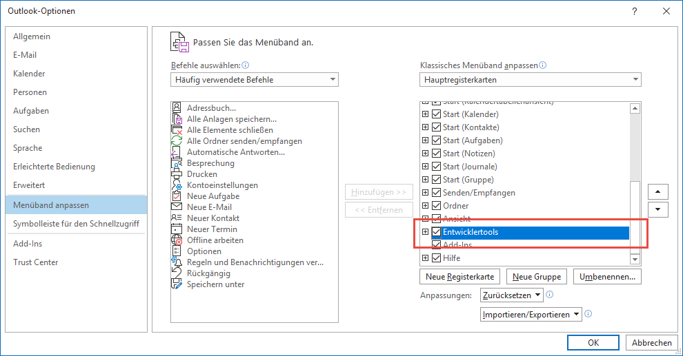 Aktivieren der Entwicklertools für Outlook