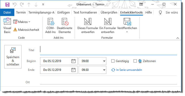 Entwicklertools-Tab im Termin-Fenster
