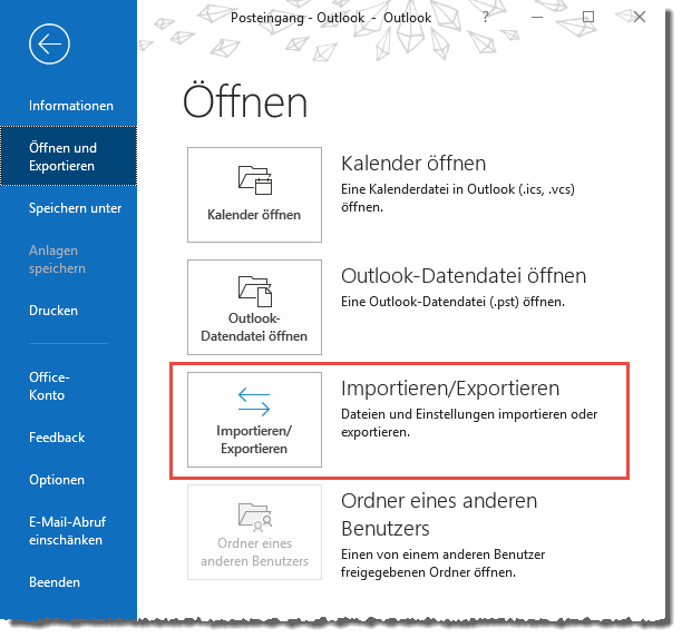 Befehl zum Exportieren von Outlook-Daten