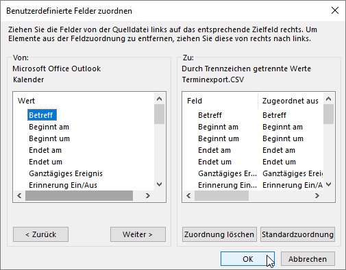 Zuordnen der Felder an die Spalten der Exportdatei