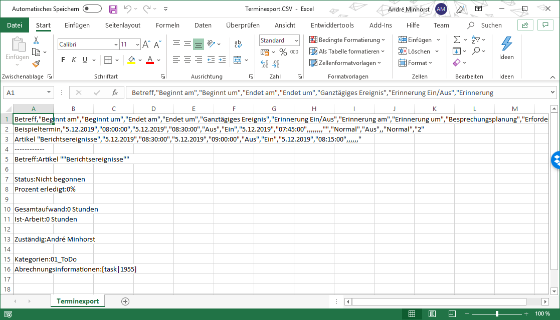 Export von zwei Terminen