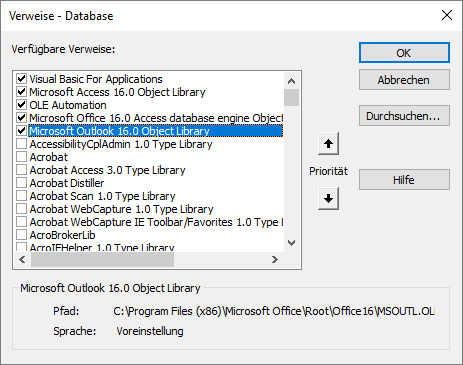 Verweis auf die Outlook-Bibliothek