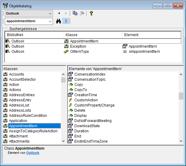 Ereignisse des AppointmentItem-Elements im Objektkatalog