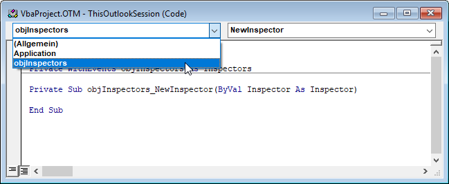Anlegen des Ereignisses für die Inspectors-Auflistung