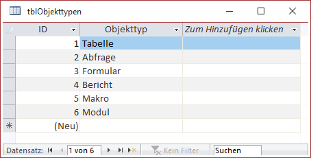Die verschiedenen Objekttypen in der Tabelle tblObjekttypen