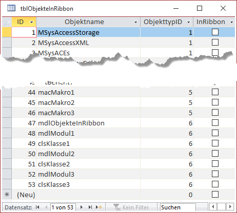 Die Tabelle tblObjekteInRibbon mit den Objekten der Datenbank